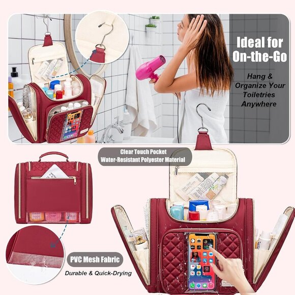 Travel Toiletry Bag Women Water-Resistant Hanging Shower Cosmetic Organizer - Picture 3 of 8